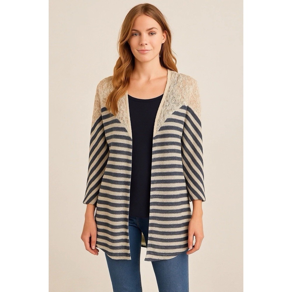 Umgee Navy Cream Striped Lace Accent Open Front Cardigan Women's Size Large Boho